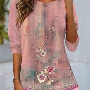 Women's Long Sleeve T-shirt Spring/Fall Pink Floral Jersey Crew Neck Daily Going Out Casual Top, Long sleeves, Lilicloth.com
