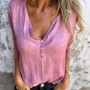 Women's Long Sleeve Blouse Spring/Fall Plain Cotton And Linen V Neck Daily Going Out Casual Top, JustFashionNow Tops, color:Rose Red|size:3XL,