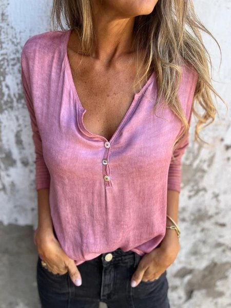 Women's Long Sleeve Blouse Spring/Fall Plain Cotton And Linen V Neck Daily Going Out Casual Top, JustFashionNow Tops, color:Rose Red|size:3XL,