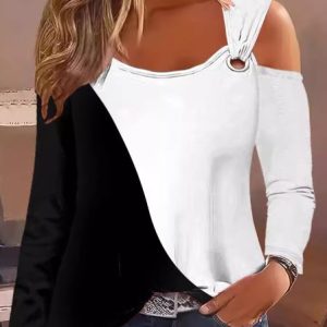 Crew Neck Long Sleeve Floral Regular Micro-Elasticity Regular Fit Blouse For Women, Blouses, color:Black-white|size:XXL, catalog Noracora shop