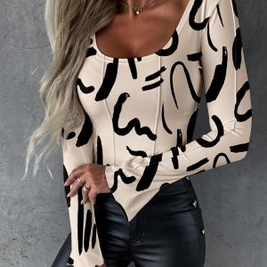 Abstract Print Scoop Neck Bell Sleeve Piping Top, women T-shirt & Tees, ChicMe catalog