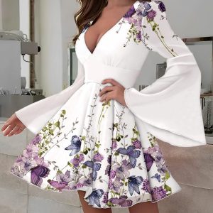 Butterfly Floral Print Bell Sleeve Dress, Print Dresses, ChicMe catalog