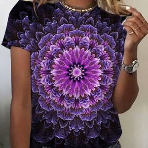 Women's Short Sleeve Tee T-shirt Summer Floral Printing Knitted Crew Neck Daily Going Out Casual Top Purple, JustFashionNow T-Shirts, color:Purple|size:XXL,