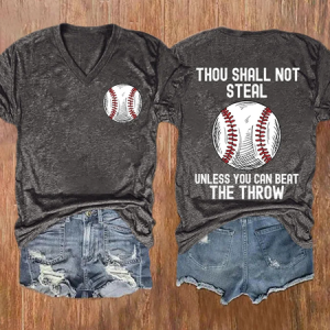 V-neck Retro Baseball Thou Shall Not Steal Unless You Can Beat The Throw Print T-Shirt, T-shirts, Lilicloth.com