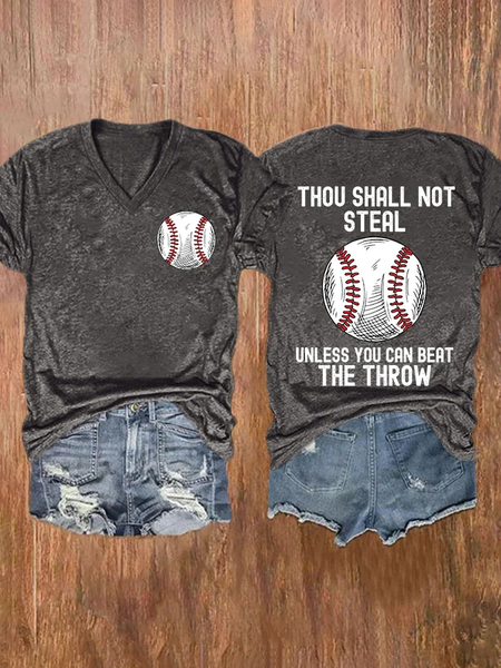 V-neck Retro Baseball Thou Shall Not Steal Unless You Can Beat The Throw Print T-Shirt, T-shirts, Lilicloth.com