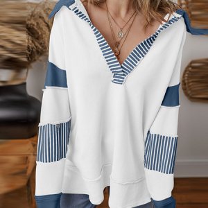 Women's Shawl Collar Striped Casual Spring/Fall Long Sleeve Sweatshirt, JustFashionNow Sweatshirts & Hoodies, color:Purplish blue|size:XXL,