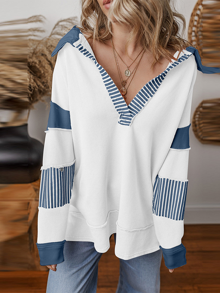 Women's Shawl Collar Striped Casual Spring/Fall Long Sleeve Sweatshirt, JustFashionNow Sweatshirts & Hoodies, color:Purplish blue|size:XXL,