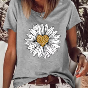 Women's Leopard Print Heart Daisy Graphic Cotton Casual T-Shirt, JustFashionNow T-Shirts, color:Gray|size:3XL,