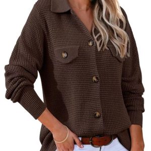 Women's Long Sleeve Blouse Spring/Fall Plain Buckle Shirt Collar Daily Going Out Casual Top, JustFashionNow Shirts & Blouses, color:Coffee|size:XXL,