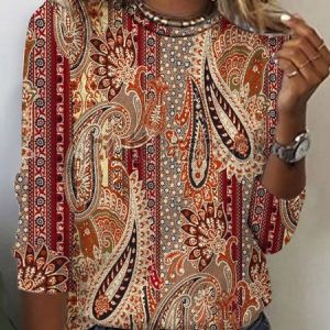 Women's Long Sleeve Tee T-shirt Spring/Fall Paisley Printing Jersey Crew Neck Holiday Going Out Vintage Top, JustFashionNow T-Shirts, color:Wine Red|size:XXL,