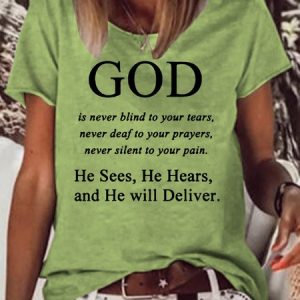 Womens Jesus Faith God Religious Letter Print God is never blind to your tears Letter Short Sleeve T-Shirt, T-shirts, Lilicloth.com