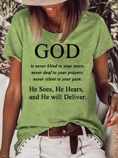 Womens Jesus Faith God Religious Letter Print God is never blind to your tears Letter Short Sleeve T-Shirt, T-shirts, Lilicloth.com
