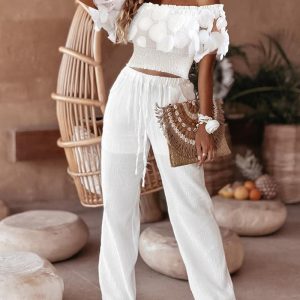 Frill Hem Shirred Sheer Mesh Patch Top & Drawstring Pants Set, Two-piece Sets, ChicMe catalog