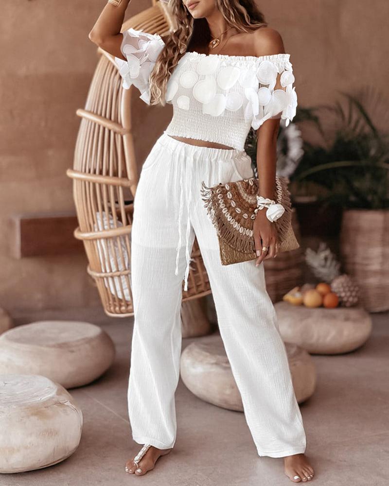 Frill Hem Shirred Sheer Mesh Patch Top & Drawstring Pants Set, women Two-piece Sets, ChicMe catalog
