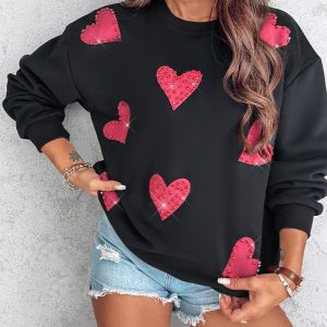 Heart Print Long Sleeve Rhinestone Decor Sweatshirt, Sweats & Hoodies, ChicMe catalog