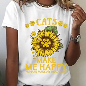 Women Sunflower Paws Cats Make Me Happy Humans Make Me Head Hurt Cotton Loose Simple T-Shirt, T-shirts, Lilicloth.com