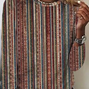 Casual Crew Neck Loose Ethnic T-Shirt, Long sleeves, Lilicloth.com