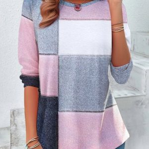 Contrast Color Geometric Casual T-Shirt, Long sleeves, Lilicloth.com