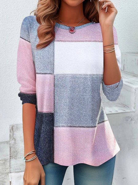 Contrast Color Geometric Casual T-Shirt, Long sleeves, Lilicloth.com