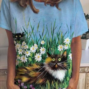 Daisy and Cat Print Crew Neck Short Sleeve T-Shirt, T-shirts, Lilicloth.com