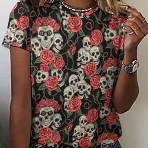 Women Halloween skull Crew Neck Loose Simple T-Shirt, T-shirts, Lilicloth.com