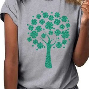Four-Leaf Clover Tree Graphic Short-Sleeved Round Neck Loose Tee, T-shirts, Lilicloth.com