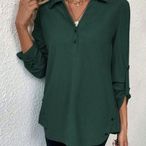 Women's Long Sleeve Blouse Spring/Fall Plain Jersey Notched Daily Going Out Casual Top, JustFashionNow Blouses, color:darkgreen|size:XXL,