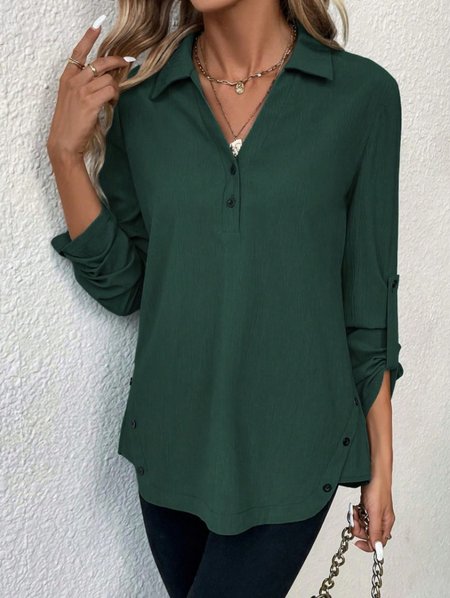 Women's Long Sleeve Blouse Spring/Fall Plain Jersey Notched Daily Going Out Casual Top, JustFashionNow Blouses, color:darkgreen|size:XXL,
