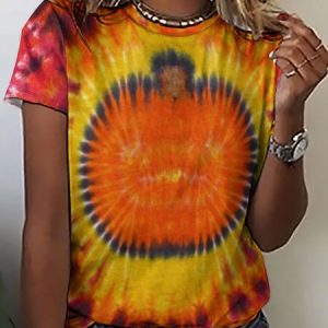 Womens Fall Pumpkin Tie Dye Crew Neck Casual Animal T-Shirt, T-shirts, Lilicloth.com
