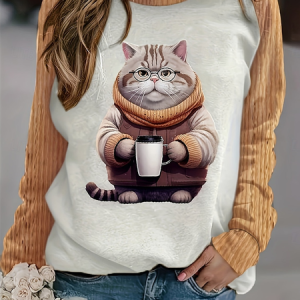 Women's Crew Neck Cat Printing Casual Spring/Fall Long Sleeve Sweatshirt, JustFashionNow Sweatshirts & Hoodies, color:Khaki|size:XXL,