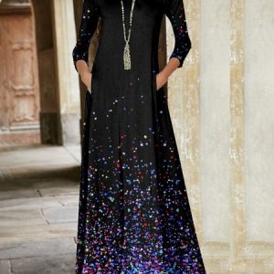 Women Ombre Crew Neck Long Sleeve Comfy Casual Pocket Stitching Maxi Dress, Maxi, color:Black|size:4XL, catalog Noracora shop