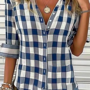 Plaid Casual Regular Fit Blouse, JustFashionNow Shirts, color:Blue|size:XXL,