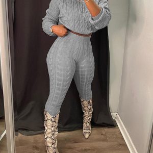 Long Sleeve Cable Knit Hooded Sweater & Pants Set, Two-piece Sets, ChicMe catalog