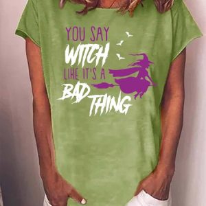 Women Halloween Brooms Witch Casual Loose Halloween T-Shirt, T-shirts, Lilicloth.com