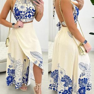 2PCS/Set Tropical Print Halter Top & Slit Skirt Set, women Maxi Dresses, ChicMe catalog