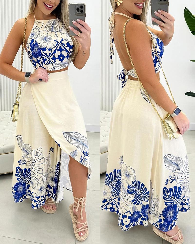 2PCS/Set Tropical Print Halter Top & Slit Skirt Set, Maxi Dresses, ChicMe catalog