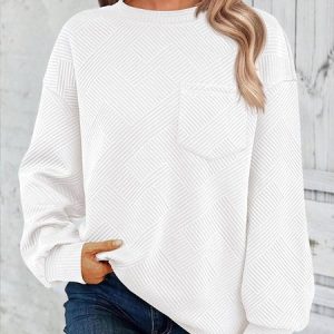 Women's Crew Neck Plain Jacquard Casual Spring/Fall Jacquard Long Sleeve Sweatshirt, JustFashionNow Sweatshirts & Hoodies, color:White|size:XXL,
