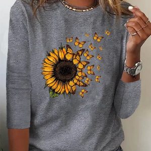 Sunflower Long sleeve Crew Neck T-Shirt, JustFashionNow T-Shirts, color:Gray|size:XXL,