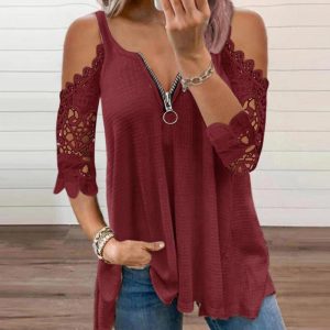 Cold Sleeve Zipper Front Lace Trim Top, women T-shirt & Tees, ChicMe catalog