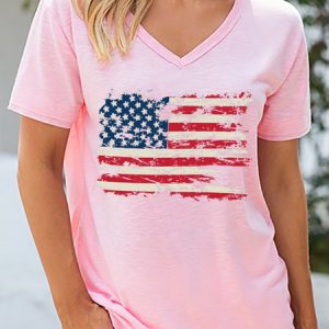 American Flag Loosen Vacation Short Sleeve Tops, T-shirts, Lilicloth.com