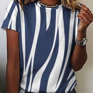Loosen Striped Crew Neck Short Sleeve Tops, T-shirts, Lilicloth.com
