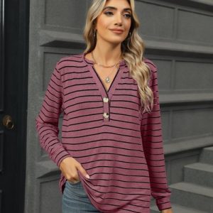 Women's Long Sleeve Blouse Spring/Fall Striped V Neck Daily Going Out Casual Top, JustFashionNow Shirts & Blouses, color:Red|size:XXL,