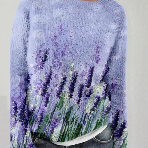 Knitted Crew Neck Casual Purple Floral Alzheimer's Sweater, Sweaters, Lilicloth.com