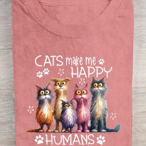 Cats Make Me Happy Humans Make My Head Hurt Cotton T-shirt, T-shirts, Lilicloth.com