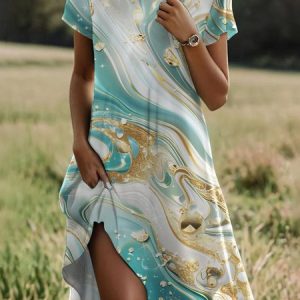Women's Short Sleeve Summer Ombre Dress Crew Neck Daily Going Out Casual Midi H-Line T-Shirt Dress Green, JustFashionNow Dresses, color:Green|size:XXL,