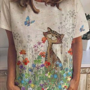 Casual Floral Cat Print Crew Neck Short Sleeve T-Shirt, T-shirts, Lilicloth.com