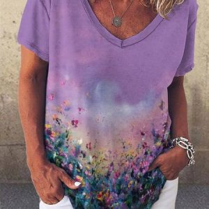 Floral Gradient Print V-Neck Short Sleeve T-Shirt, T-shirts, Lilicloth.com