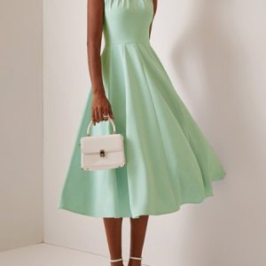 Women's Sleeveless Summer Plain Ruched Dress Crew Neck Commuting Going Out Urban Midi H-Line Blue, JustFashionNow Formal Dresses, color:Aqua|size:3XL,