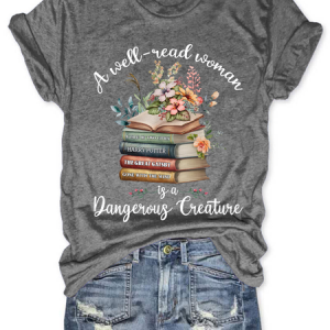 Bookshelf A Well Read Woman Is A Dangerous Creature Book Lovers Simple Loose T-Shirt, T-shirts, Lilicloth.com