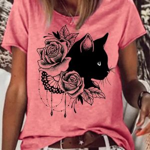 Womens Black Cat Flower Print Casual T-Shirt, T-shirts, Lilicloth.com